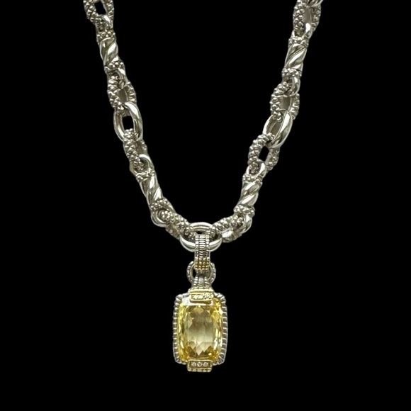Judith Ripka JR Two Sterling Silver 18K Gold Canary Quartz Diamond Pendant - Picture 12 of 12
